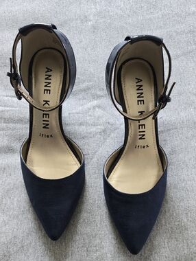 Anne Klein Navy Pointed-Toe Ankle-Strap Pumps with Buckle
